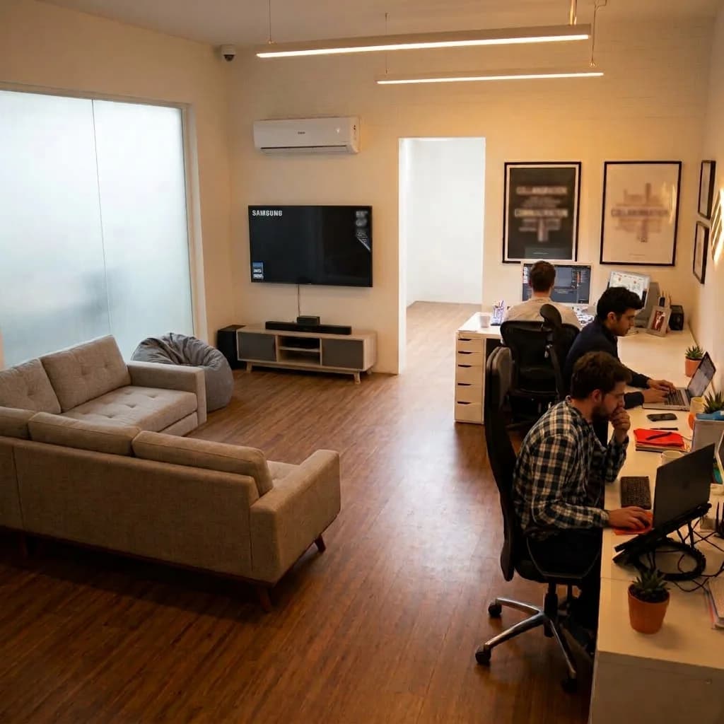 DevMarDe lounge with sofas and a wall-mounted screen beside the team's desks in Lahore