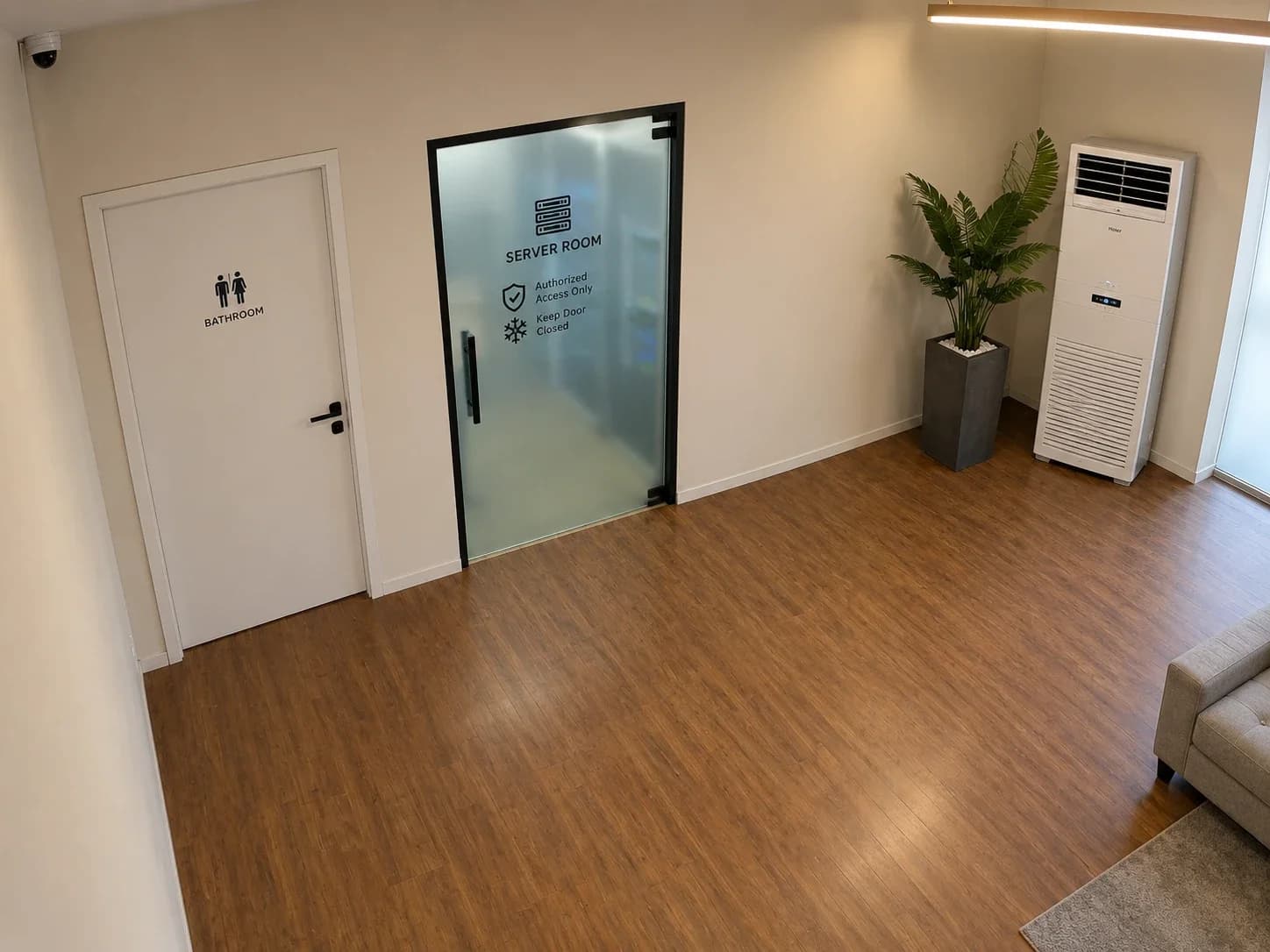 DevMarDe office corridor in Lahore with the server room door and a floor-standing air conditioner