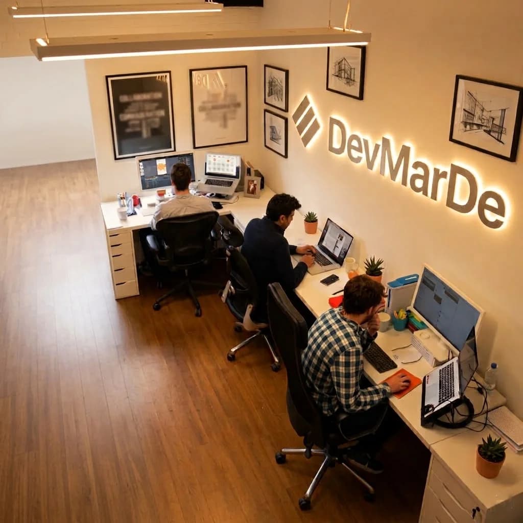 DevMarDe team members working at their desks beneath the illuminated DevMarDe sign in Lahore