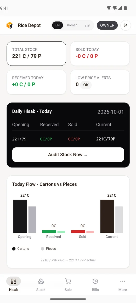 Inventorini dashboard with total stock in cartons and pieces, sold and received today, the daily hisab table and a cartons-versus-pieces chart