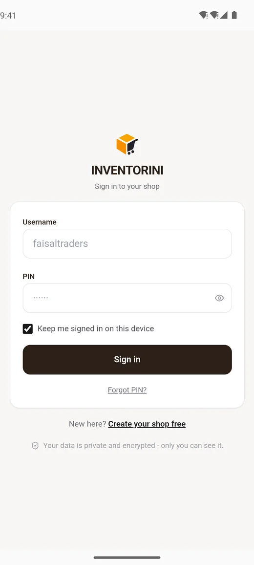 Inventorini sign-in screen with username, PIN and keep-me-signed-in option