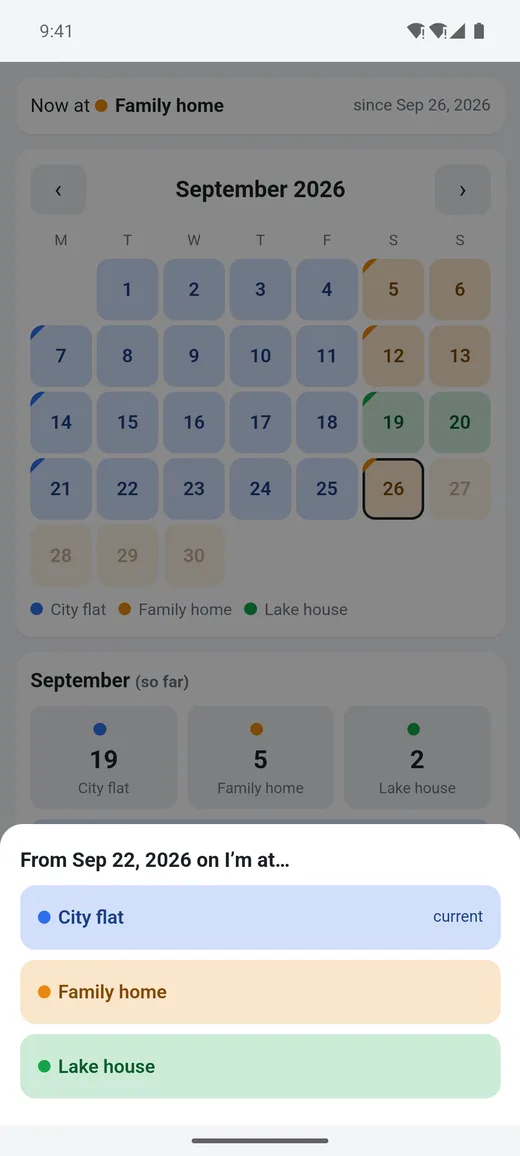 Our Homes sheet reading 'From Sep 22, 2026 on I'm at…' with City flat marked current, Family home and Lake house