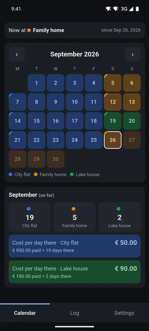 Our Homes calendar in dark mode