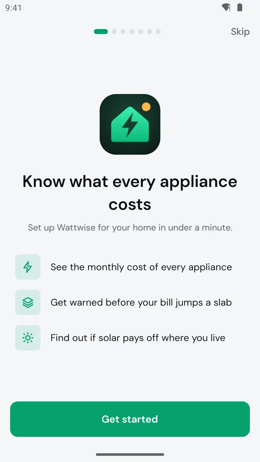 Wattwise welcome screen listing appliance costs, slab warnings and solar payback