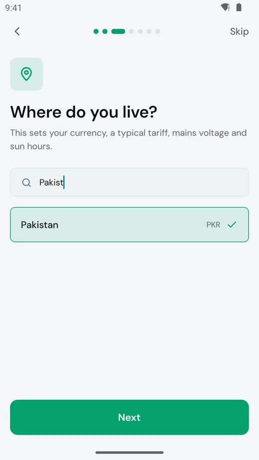 Wattwise country picker with Pakistan selected and PKR as the currency