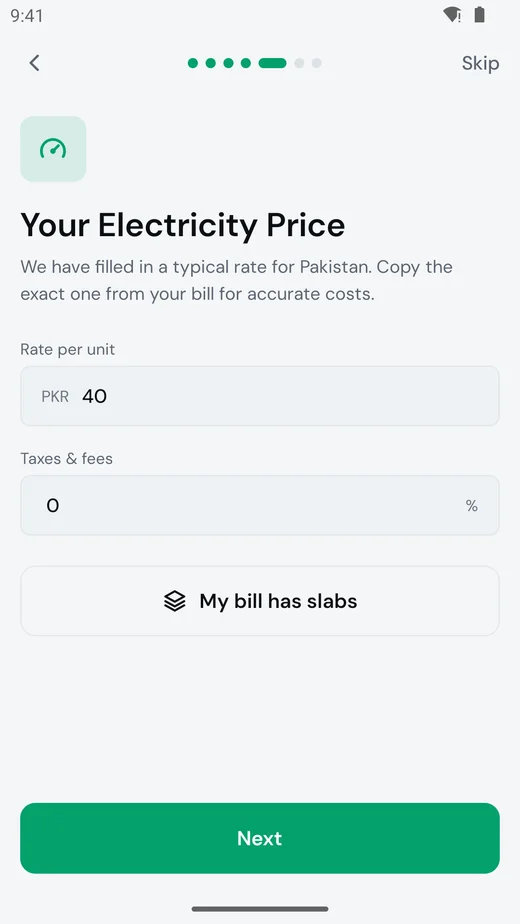Wattwise electricity price screen with PKR 40 per unit, taxes and a My bill has slabs option