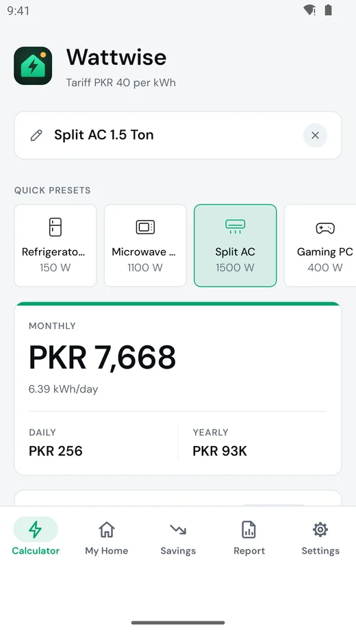 Wattwise calculator showing a 1.5 ton split AC costing PKR 7,668 a month at 6.39 kWh a day