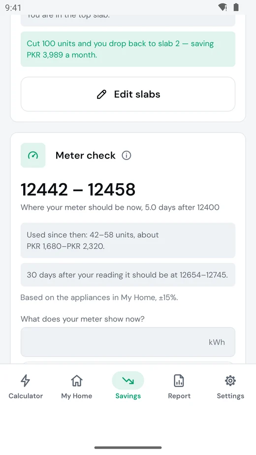 Wattwise meter check showing an expected reading range of 12442 to 12458 based on the appliances in My Home