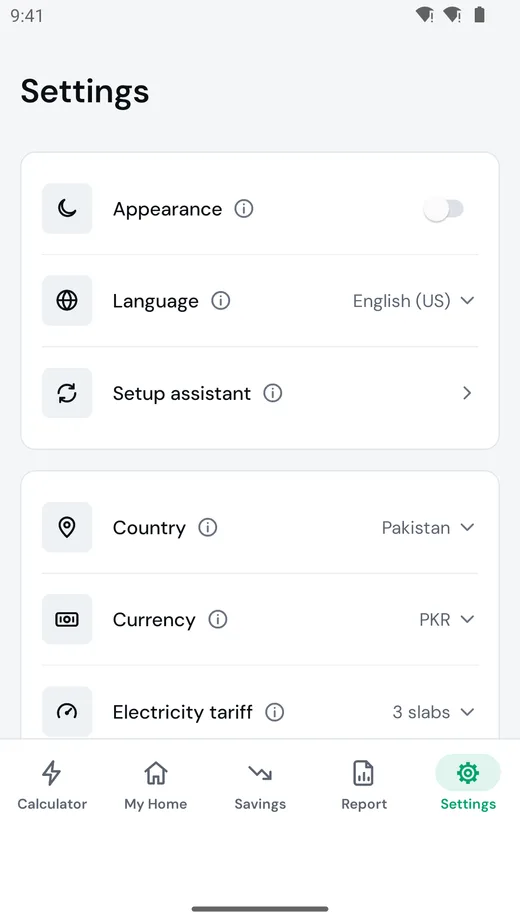 Wattwise settings with appearance, language, setup assistant, country, currency and electricity tariff